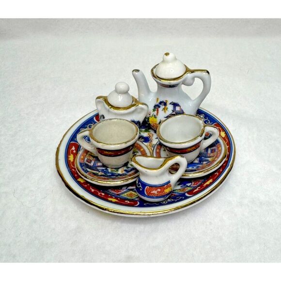 VTG 10pc Mini Chinese Porcelain Tea Set Chinoiserie Floral Design‎ Red Blue Gold - Picture 8 of 9